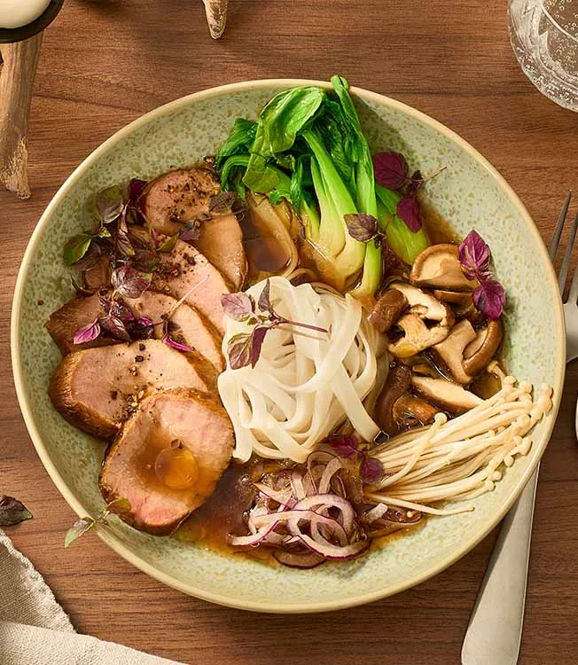 Teriyaki-buljong med vildsvin och nudlar