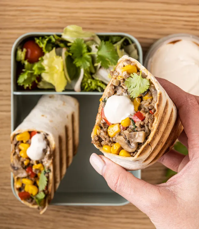 Burrito med nötkött, svamp och majs