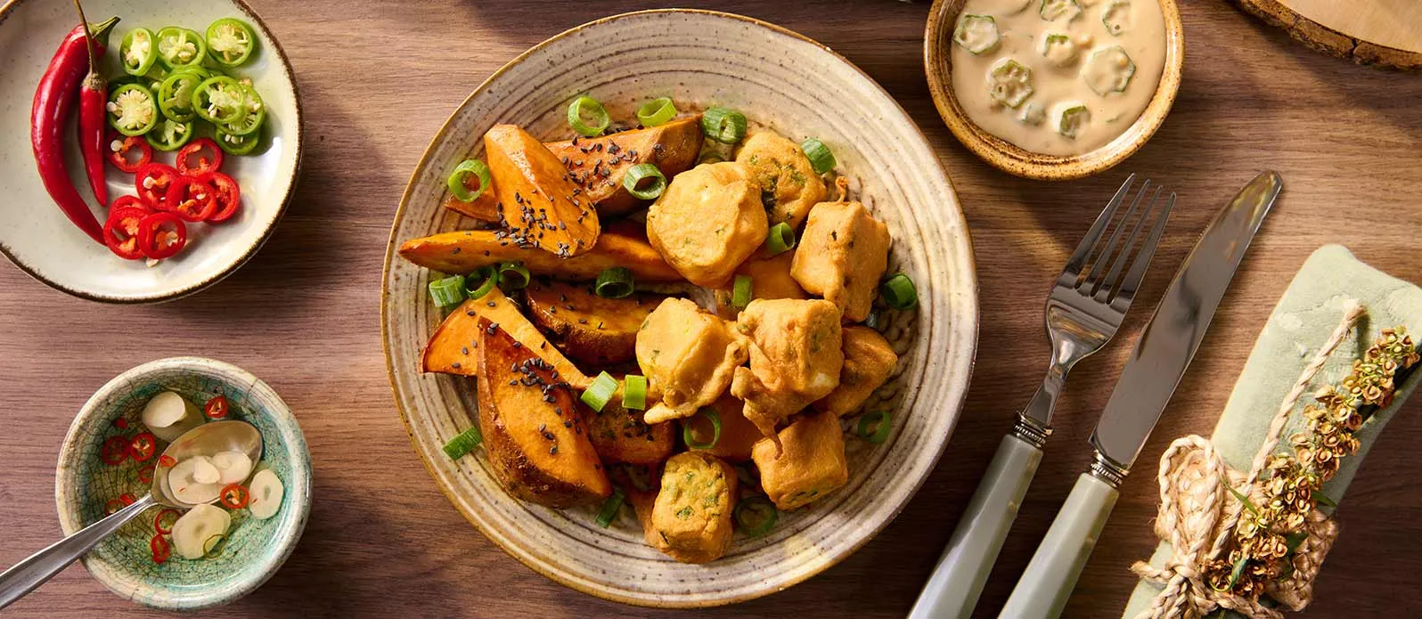Tofu in jalapeño crust with coconut-peanut sauce and okra