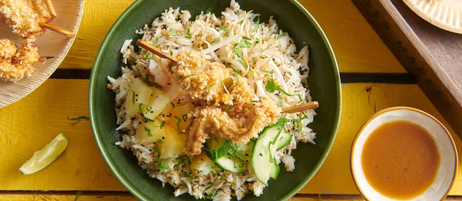 Tempura öring med ananas och litchi