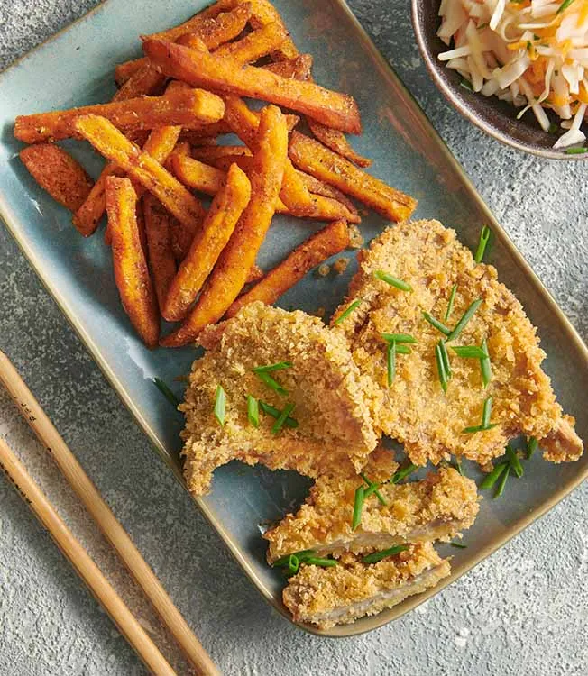 Stekt svamp à la tonkatsu med sötpotatischips