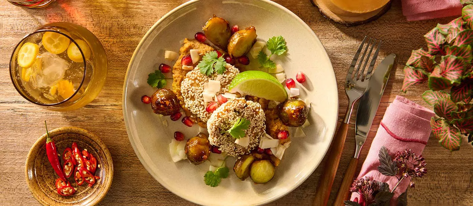Fiskkakor med rostad blomkålspuré och teriyaki brysselkål