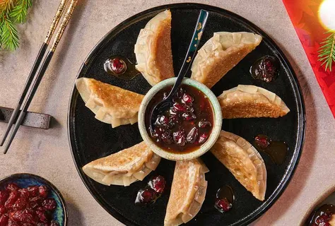 Gyoza dumplings fyllda med kål och svamp med tranbär