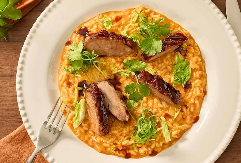 Kimchirisotto med krispigt gåsbröst