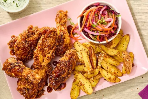 Teriyakivingar med coleslaw och kryddig potatis