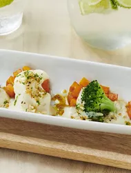 Gratinerad broccoli, blomkål och glaserad pumpa med knaprigt sojasåsströssel