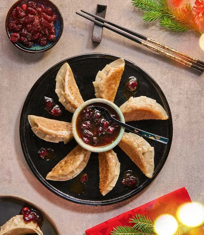 Gyoza dumplings fyllda med kål och svamp med tranbär