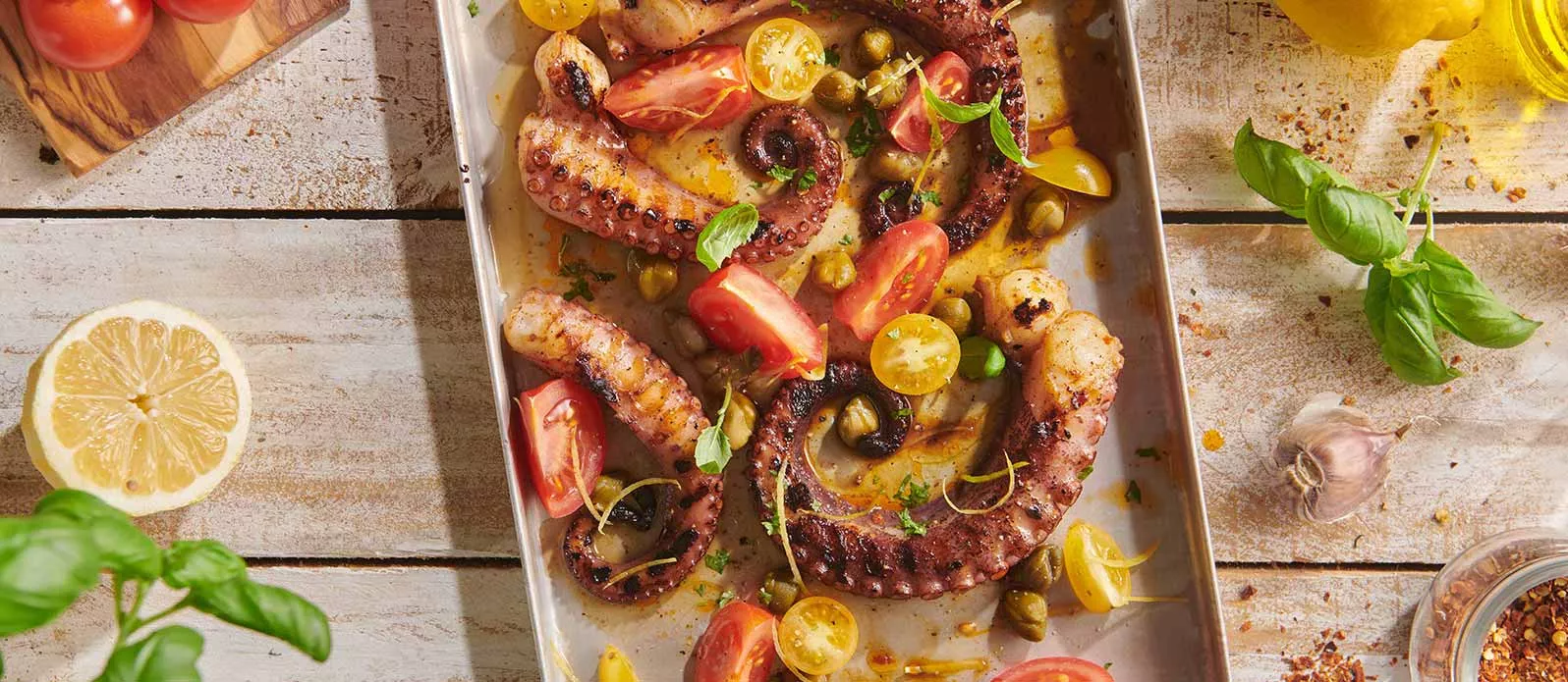 Grillad bläckfisk med ponzusås och kapris