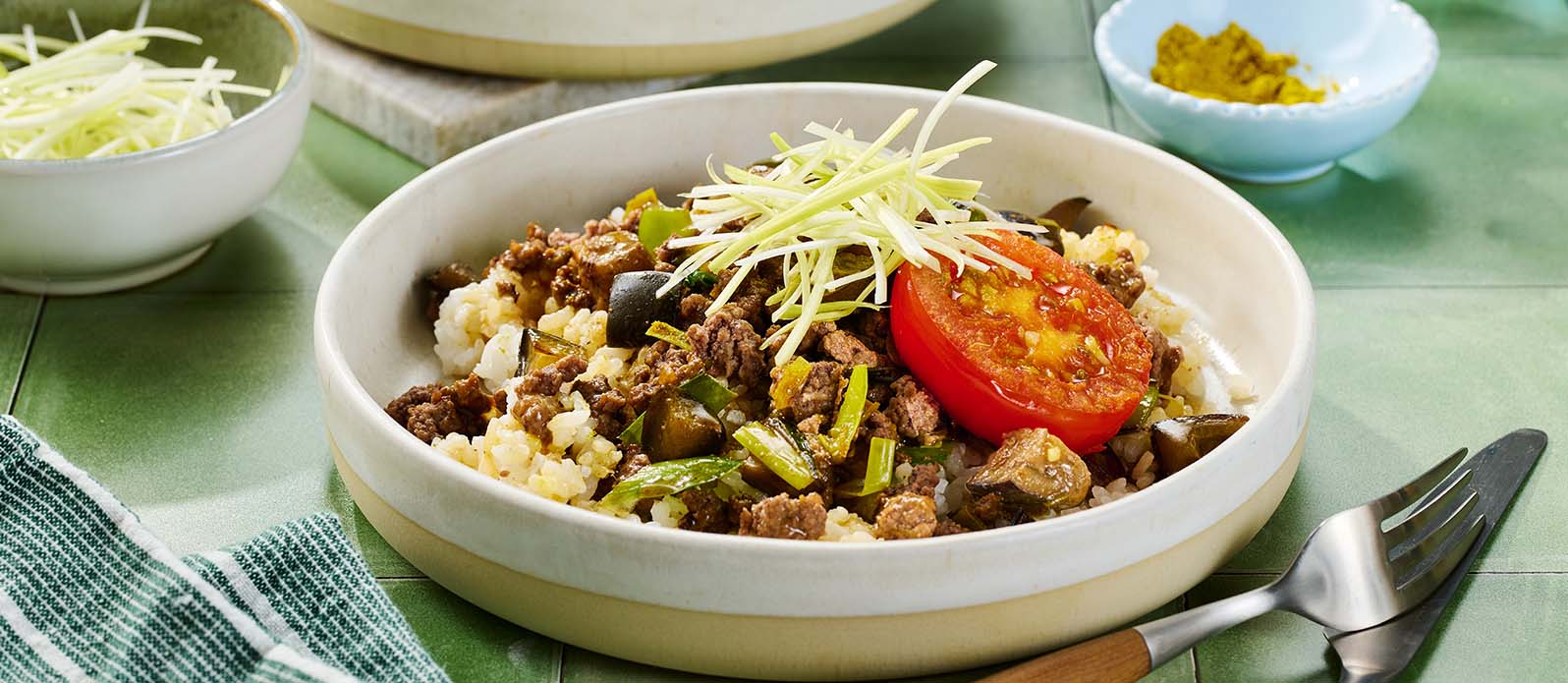 Keema curry med aubergine och tomat